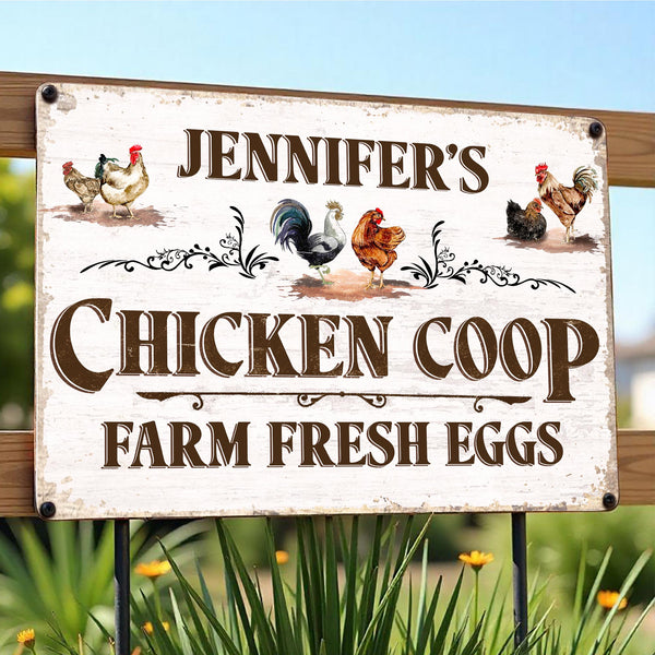 Chicken Coop, Farm Fresh Eggs With Colorful Chickens Design - Personalized Metal Sign - FAM034_MSIGN