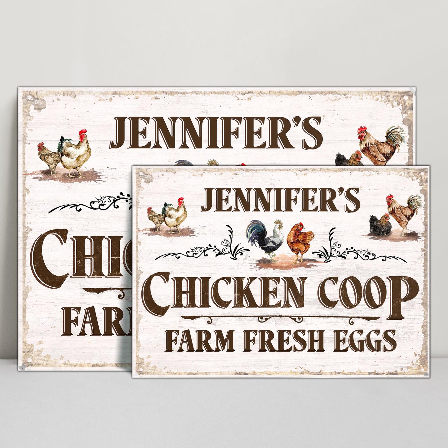 Poulailler, œufs frais de la ferme et poules colorées – Plaque métallique personnalisée – FAM034_MSIGN
