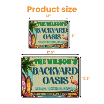 Backyard Oasis With Palm Tree, Surfboard, And Flamingo - Personalized Metal Sign - FAM045_MSIGN