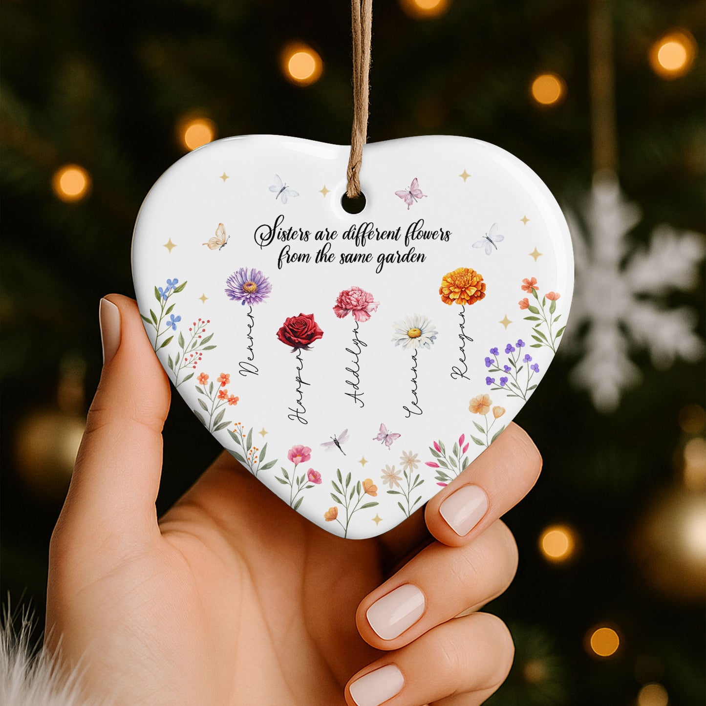 Sisters Are Different Flowers From The Same Garden - Personalized Custom Ceramic Ornament With Heart Shape - FAM078_HCE