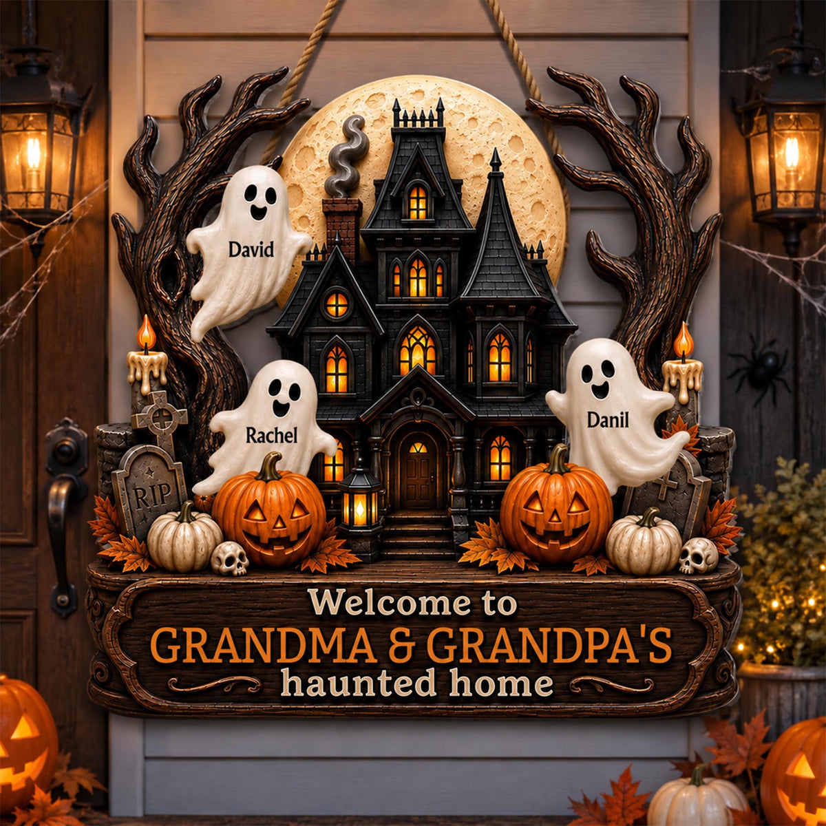 Welcome To Grandma and Grandpa Haunted House Ghosts And Pumpkins - Personalized Custom Shaped Wood Sign - FAM1090_WSIGN