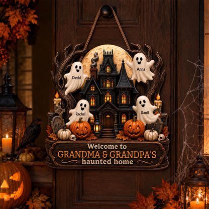 Welcome To Grandma and Grandpa Haunted House Ghosts And Pumpkins - Personalized Custom Shaped Wood Sign - FAM1090_WSIGN