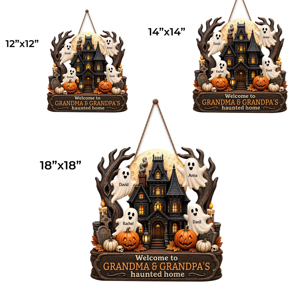 Welcome To Grandma and Grandpa Haunted House Ghosts And Pumpkins - Personalized Custom Shaped Wood Sign - FAM1090_WSIGN