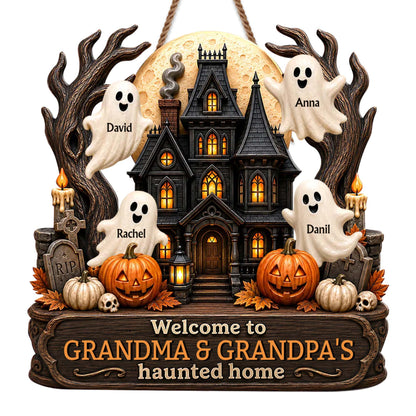 Welcome To Grandma and Grandpa Haunted House Ghosts And Pumpkins - Personalized Custom Shaped Wood Sign - FAM1090_WSIGN