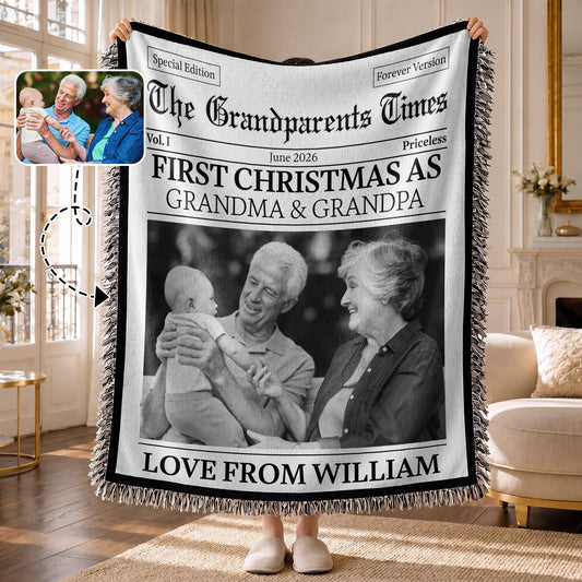 The Grandparents Times First Christmas As Grandma And Grandpa Newspaper Design - Personalized Woven Blanket - FAM1098_WOBLK