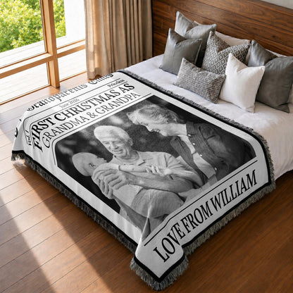 The Grandparents Times First Christmas As Grandma And Grandpa Newspaper Design - Personalized Woven Blanket - FAM1098_WOBLK