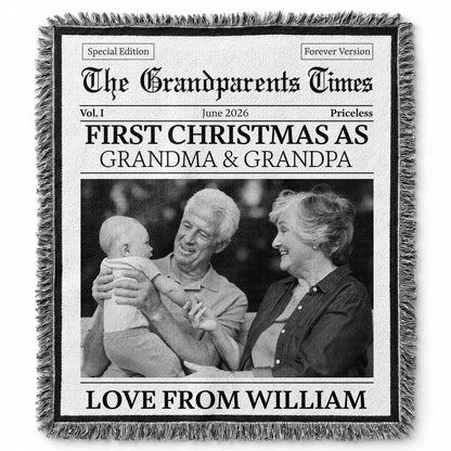 The Grandparents Times First Christmas As Grandma And Grandpa Newspaper Design - Personalized Woven Blanket - FAM1098_WOBLK