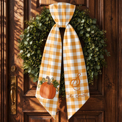 Our Family Pumpkin Autumn Vibes Gingham Initial Wreath Sash - Personalized Custom Decorative Sash - FAM1124_WRESA
