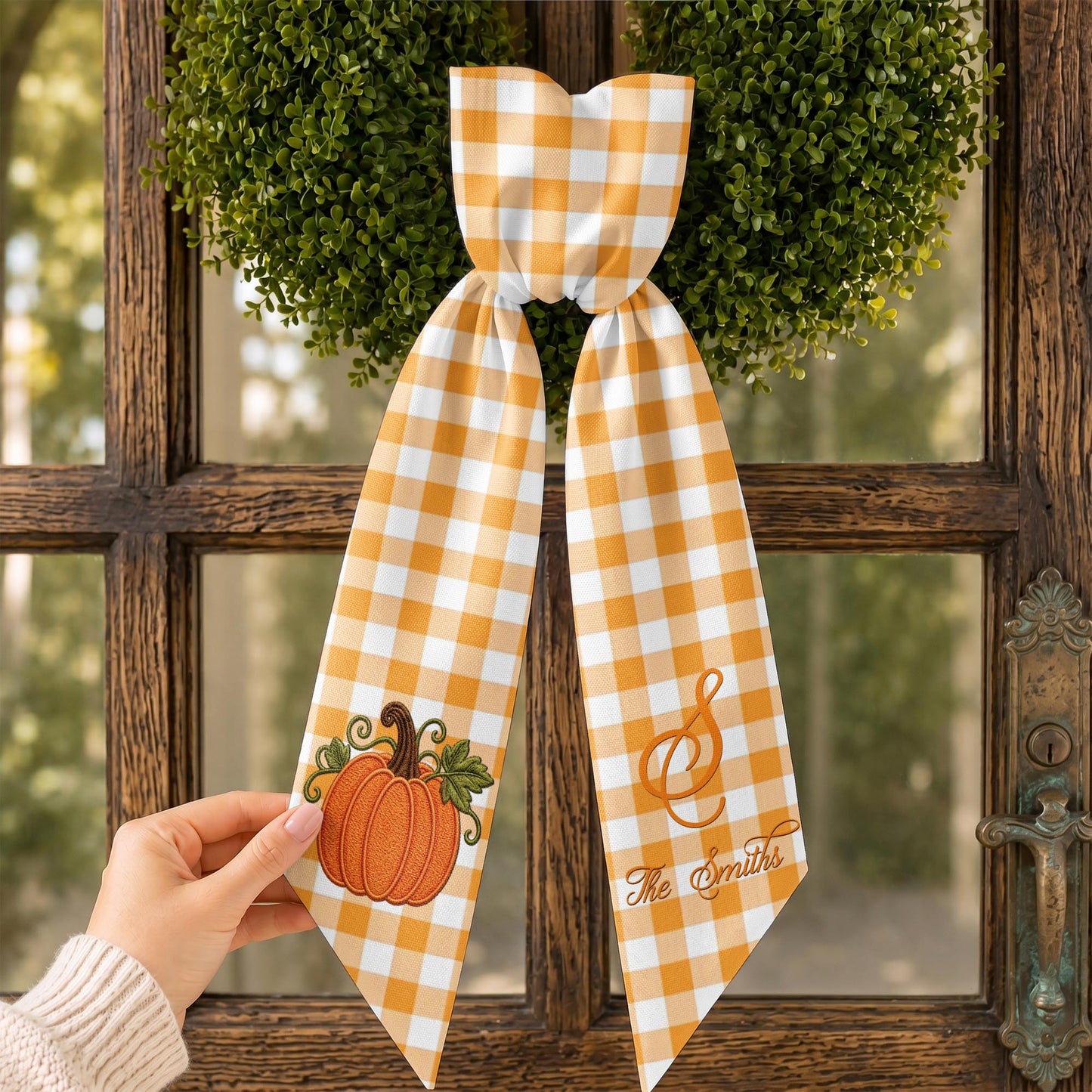 Our Family Pumpkin Autumn Vibes Gingham Initial Wreath Sash - Personalized Custom Decorative Sash - FAM1124_WRESA