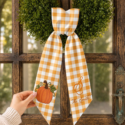 Our Family Pumpkin Autumn Vibes Gingham Initial Wreath Sash - Personalized Custom Decorative Sash - FAM1124_WRESA
