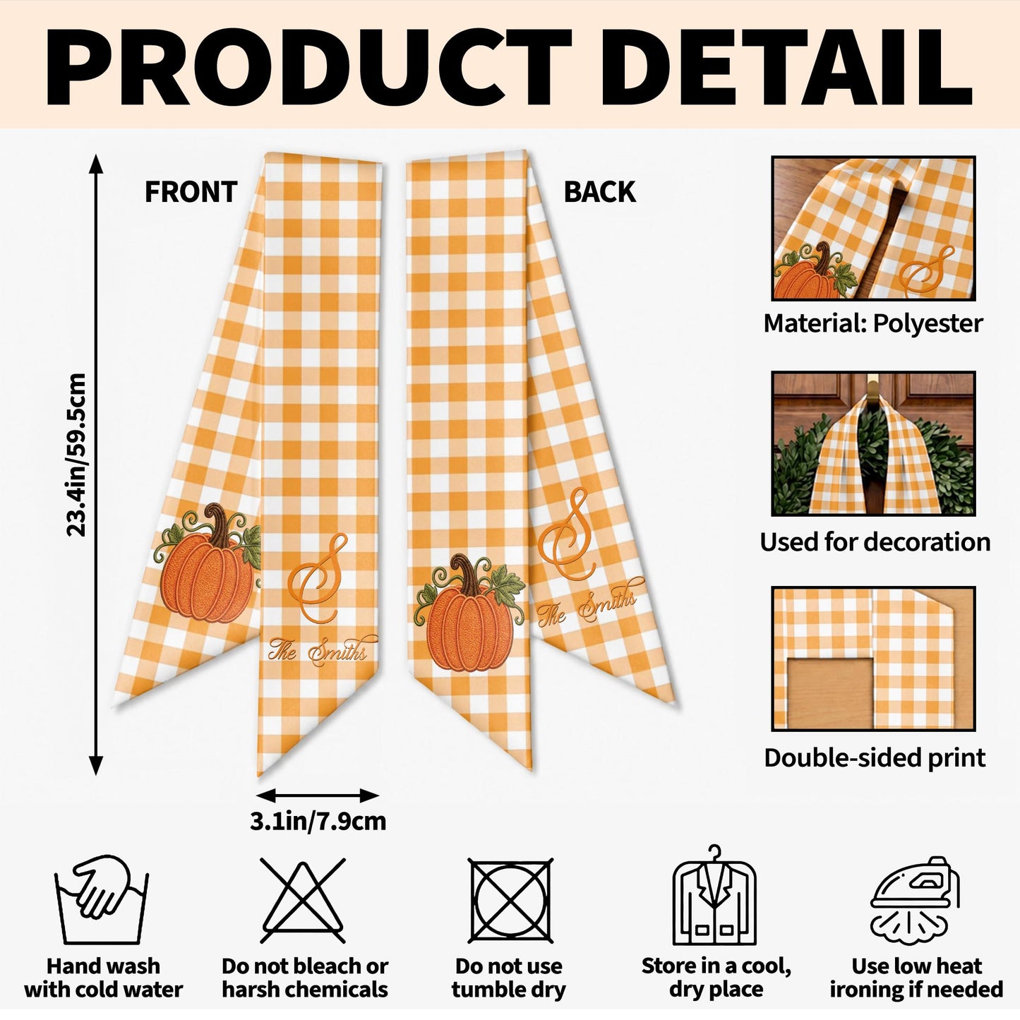 Our Family Pumpkin Autumn Vibes Gingham Initial Wreath Sash - Personalized Custom Decorative Sash - FAM1124_WRESA