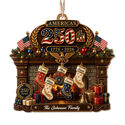 America The Family Patriotic Fireplace Stockings And Flags - Personalized Custom Wood Ornament, Custom Shaped - FAM1134_WDO