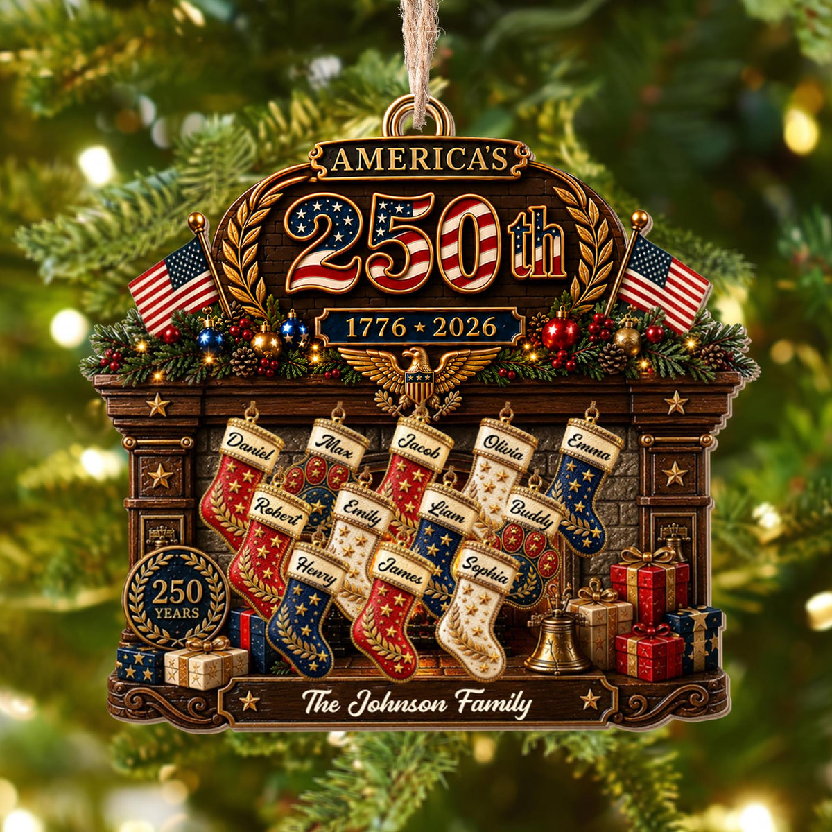 America The Family Patriotic Fireplace Stockings And Flags - Personalized Custom Wood Ornament, Custom Shaped - FAM1134_WDO
