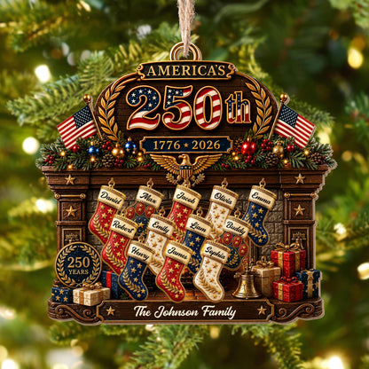 America The Family Patriotic Fireplace Stockings And Flags - Personalized Custom Wood Ornament, Custom Shaped - FAM1134_WDO