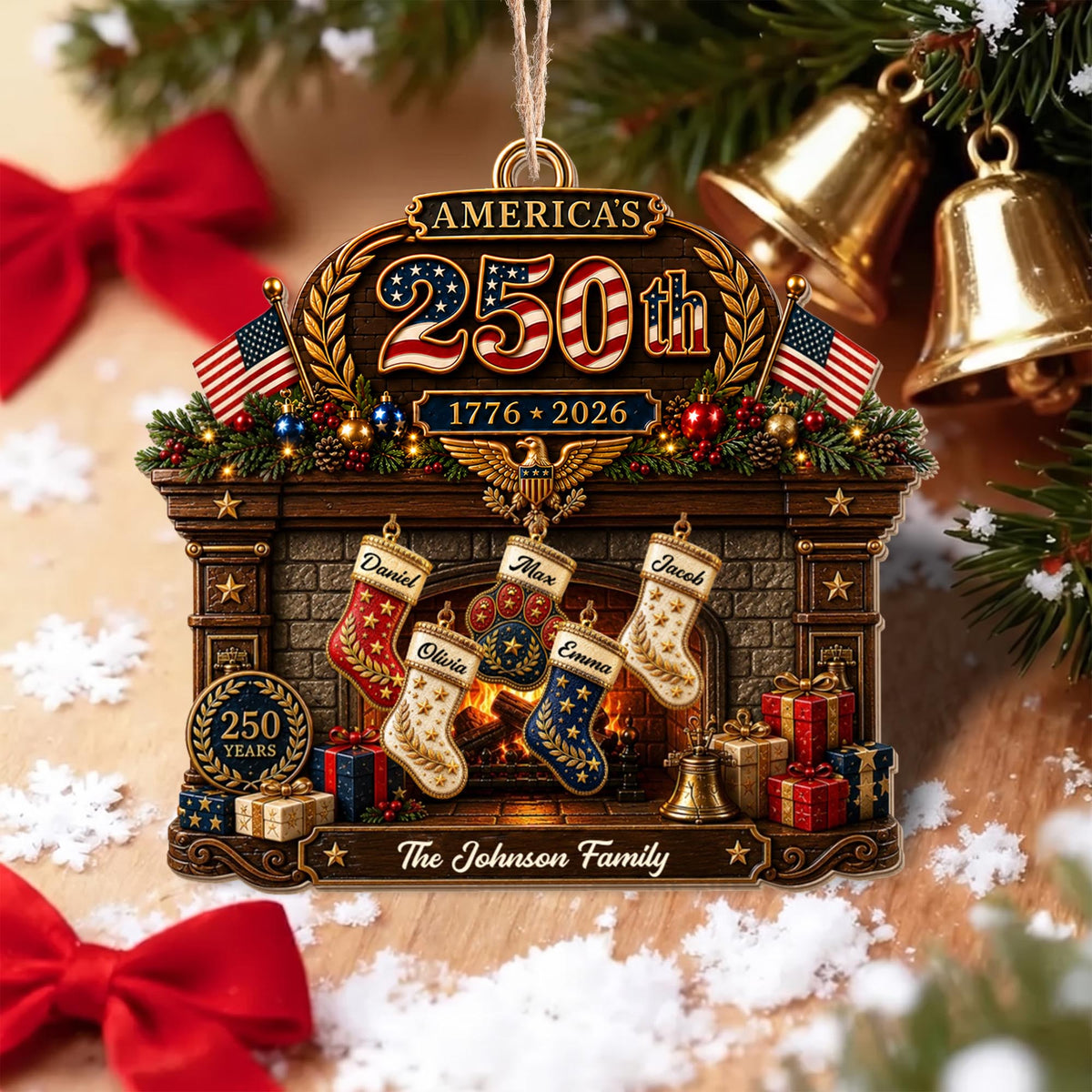 America The Family Patriotic Fireplace Stockings And Flags - Personalized Custom Wood Ornament, Custom Shaped - FAM1134_WDO