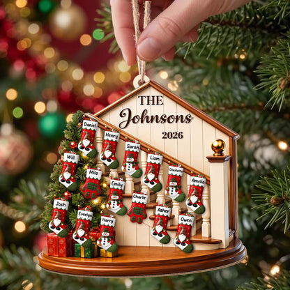 The Family Christmas Home With Stockings And Fireplace - Personalized Custom Wood Ornament, Custom Shaped - FAM1138_WDO