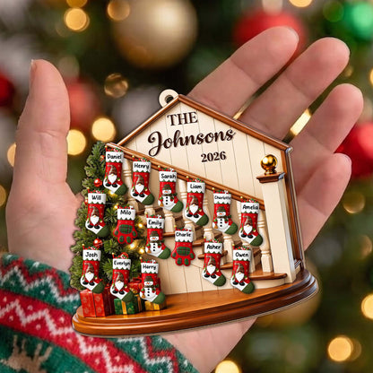 The Family Christmas Home With Stockings And Fireplace - Personalized Custom Wood Ornament, Custom Shaped - FAM1138_WDO