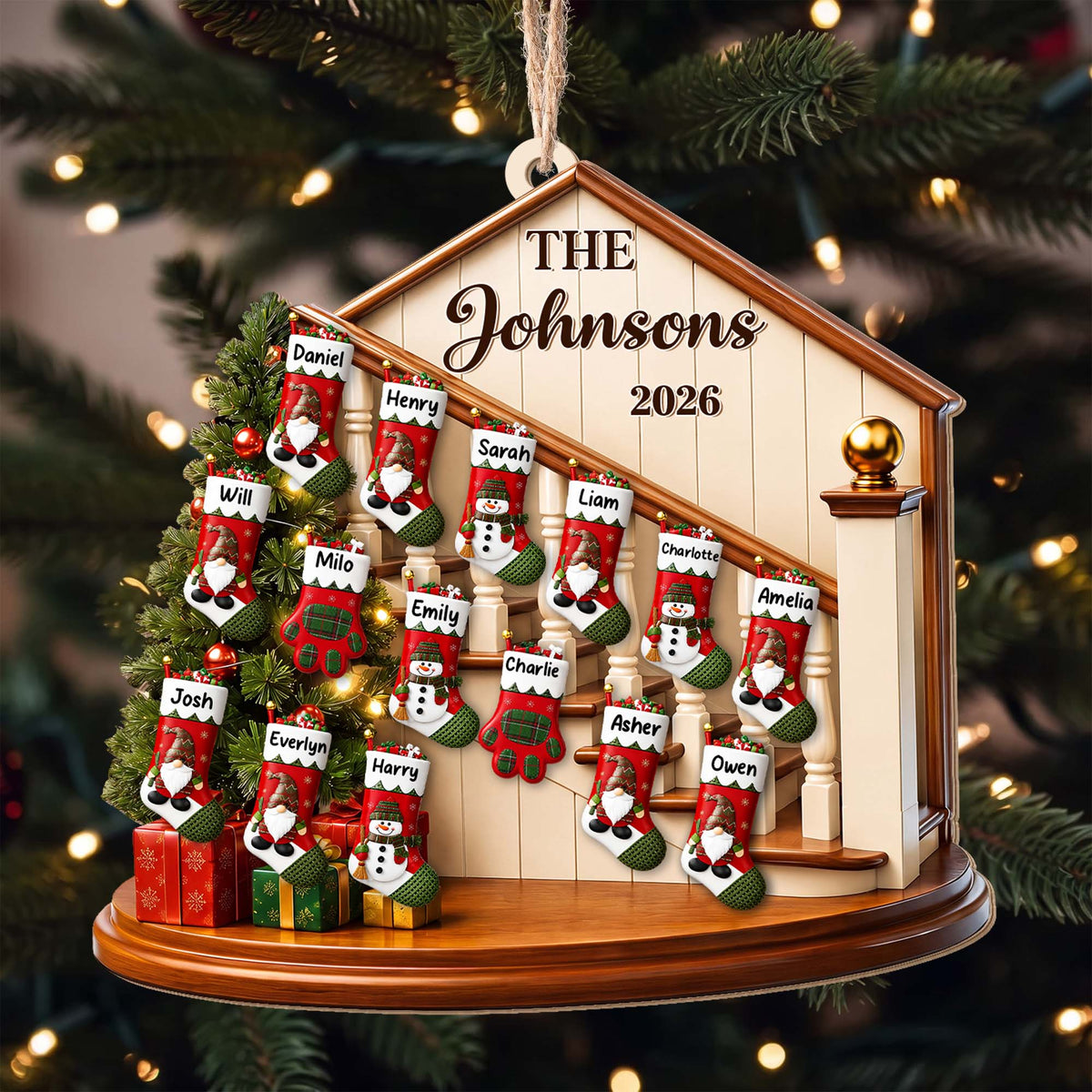The Family Christmas Home With Stockings And Fireplace - Personalized Custom Wood Ornament, Custom Shaped - FAM1138_WDO