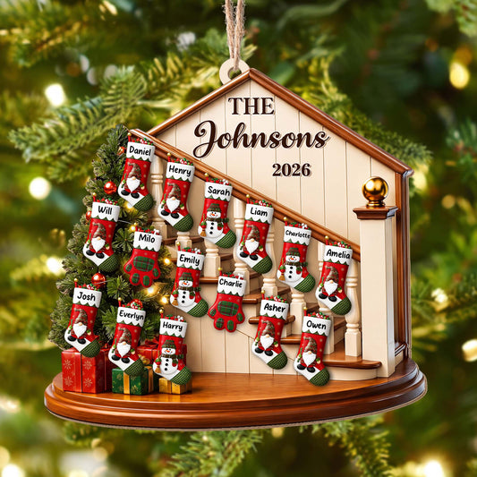 The Family Christmas Home With Stockings And Fireplace - Personalized Custom Wood Ornament, Custom Shaped - FAM1138_WDO