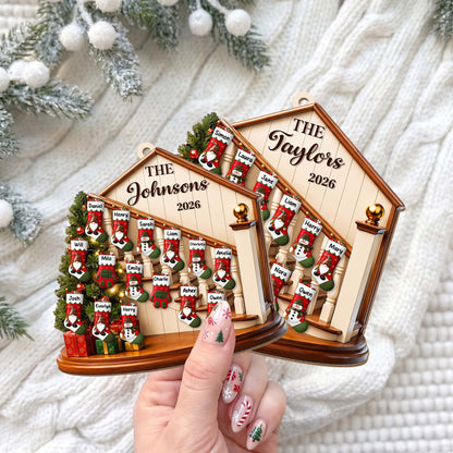 The Family Christmas Home With Stockings And Fireplace - Personalized Custom Wood Ornament, Custom Shaped - FAM1138_WDO