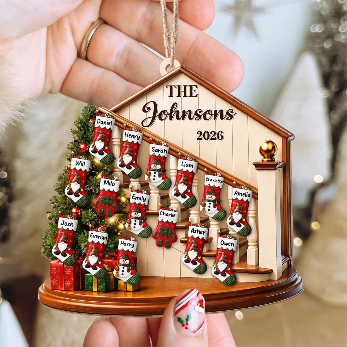 The Family Christmas Home With Stockings And Fireplace - Personalized Custom Wood Ornament, Custom Shaped - FAM1138_WDO