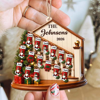 The Family Christmas Home With Stockings And Fireplace - Personalized Custom Wood Ornament, Custom Shaped - FAM1138_WDO