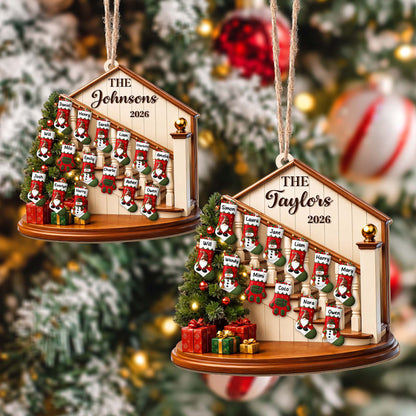 The Family Christmas Home With Stockings And Fireplace - Personalized Custom Wood Ornament, Custom Shaped - FAM1138_WDO