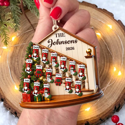 The Family Christmas Home With Stockings And Fireplace - Personalized Custom Wood Ornament, Custom Shaped - FAM1138_WDO