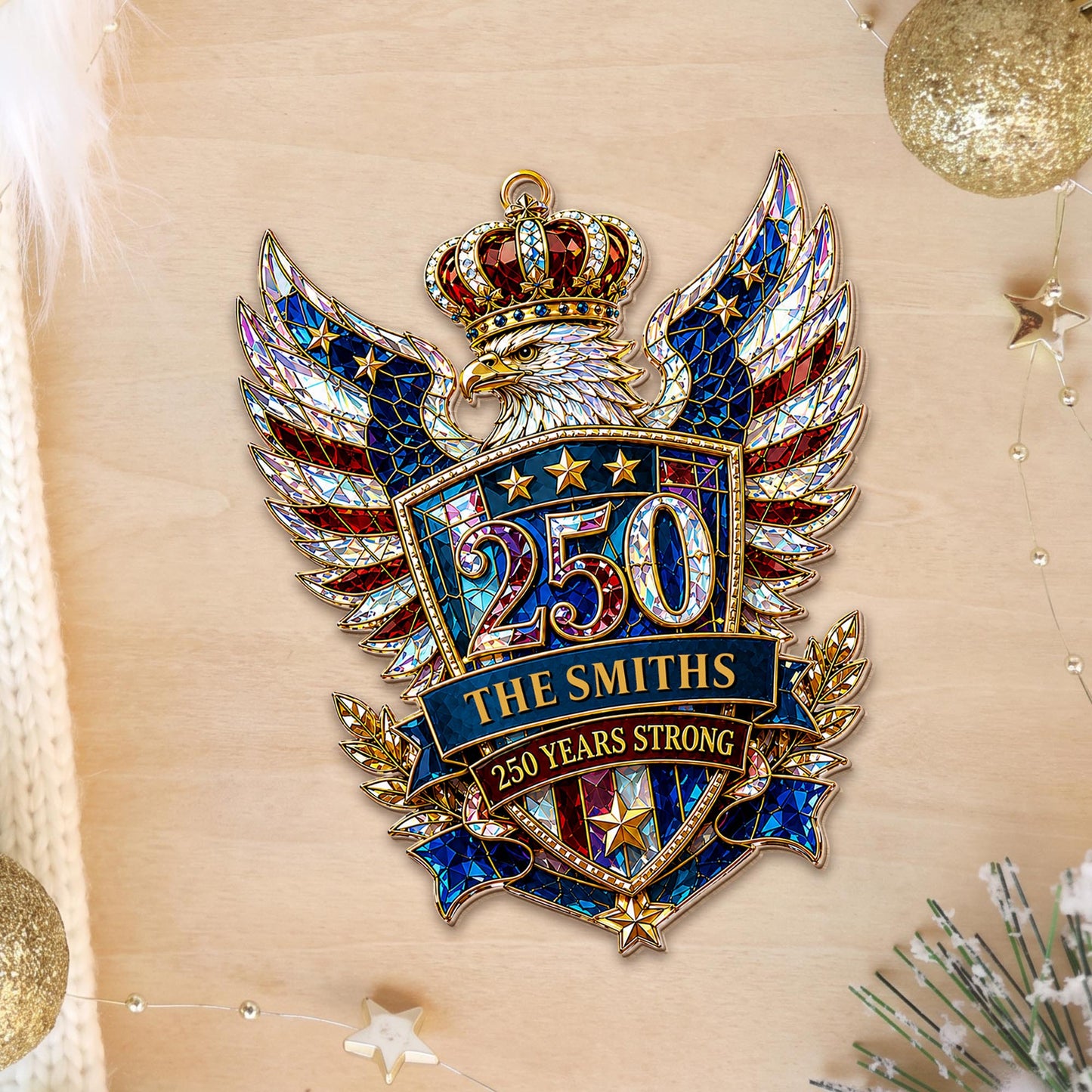 Our Family 250 Years Strong Eagle Shield And Crown - Personalized Custom Wood Ornament, Custom Shaped - FAM1152_WDO