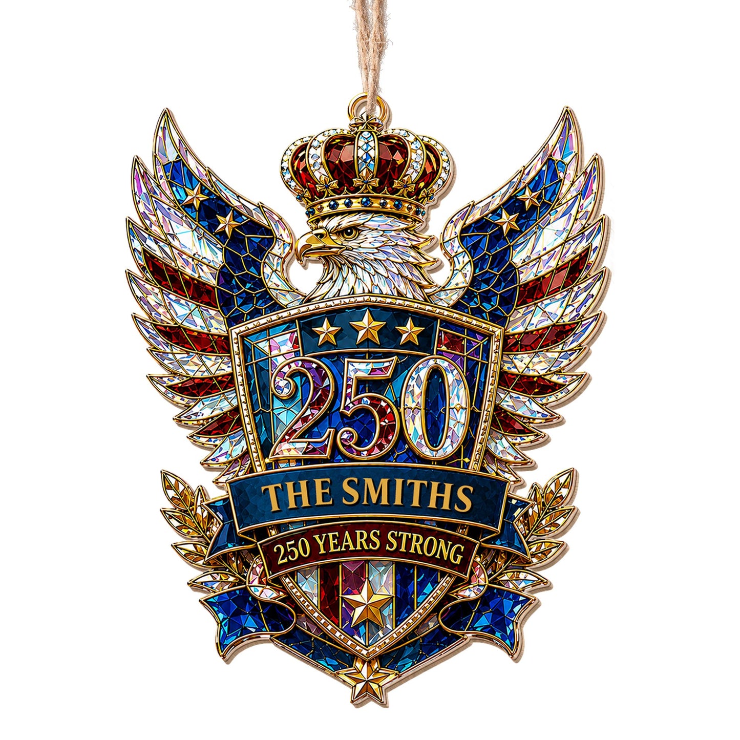 Our Family 250 Years Strong Eagle Shield And Crown - Personalized Custom Wood Ornament, Custom Shaped - FAM1152_WDO