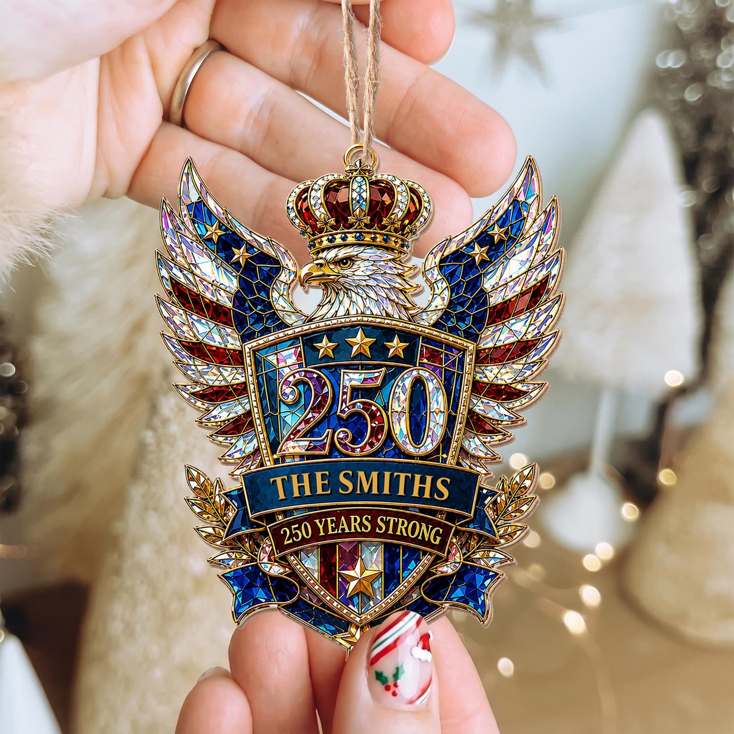 Our Family 250 Years Strong Eagle Shield And Crown - Personalized Custom Wood Ornament, Custom Shaped - FAM1152_WDO