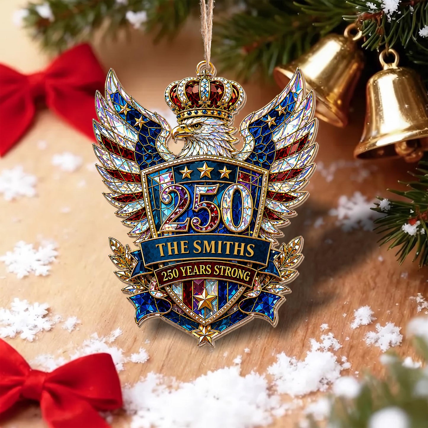 Our Family 250 Years Strong Eagle Shield And Crown - Personalized Custom Wood Ornament, Custom Shaped - FAM1152_WDO