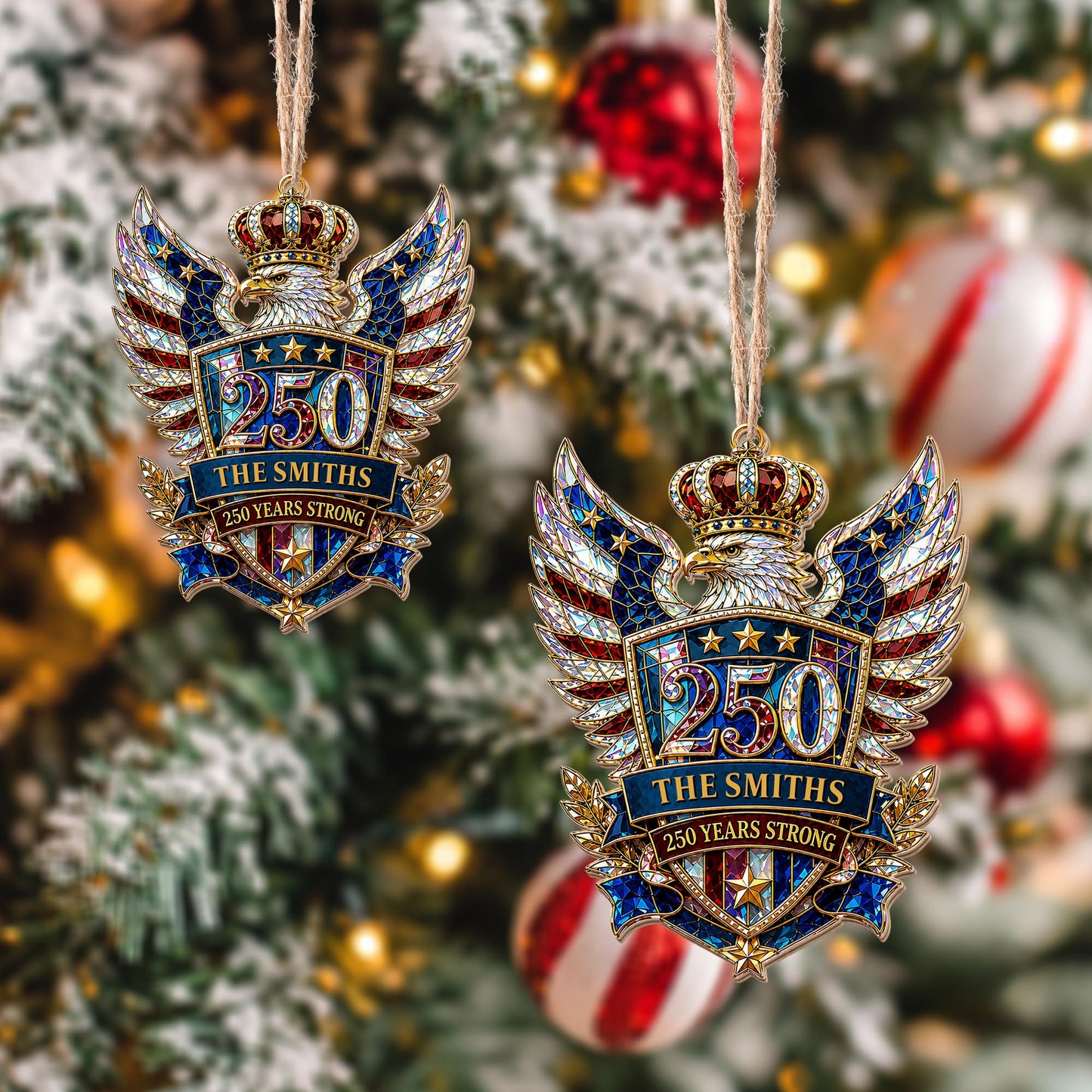 Our Family 250 Years Strong Eagle Shield And Crown - Personalized Custom Wood Ornament, Custom Shaped - FAM1152_WDO