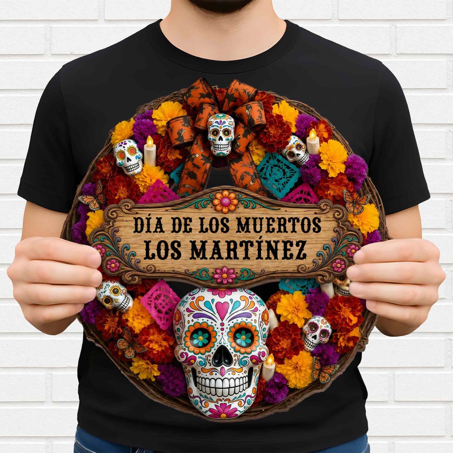 Día De Los Muertos Custom Family Name Sugar Skull And Marigold Flower - Personalized Custom Shaped Wood Sign - FAM1184_WSIGN