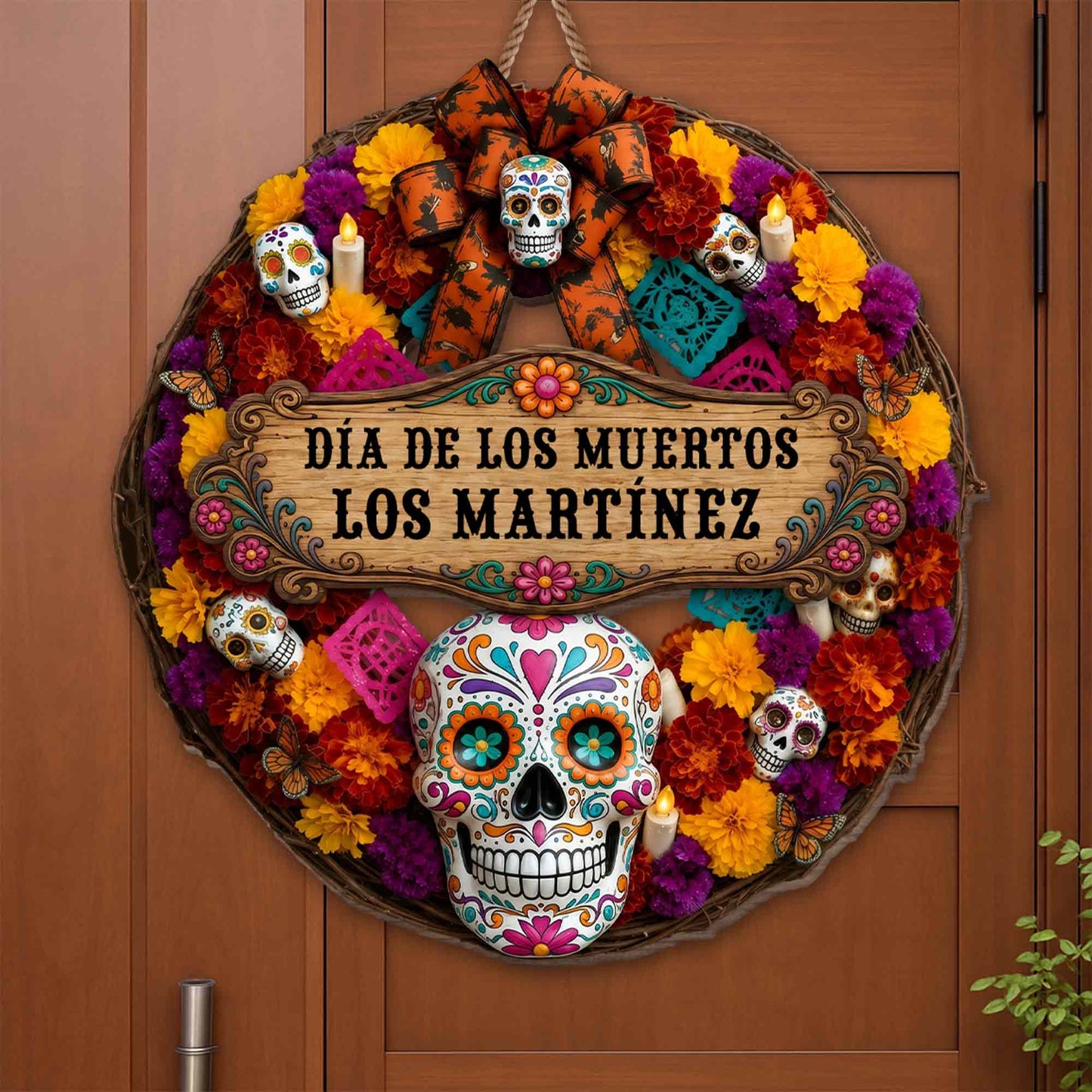 Día De Los Muertos Custom Family Name Sugar Skull And Marigold Flower - Personalized Custom Shaped Wood Sign - FAM1184_WSIGN