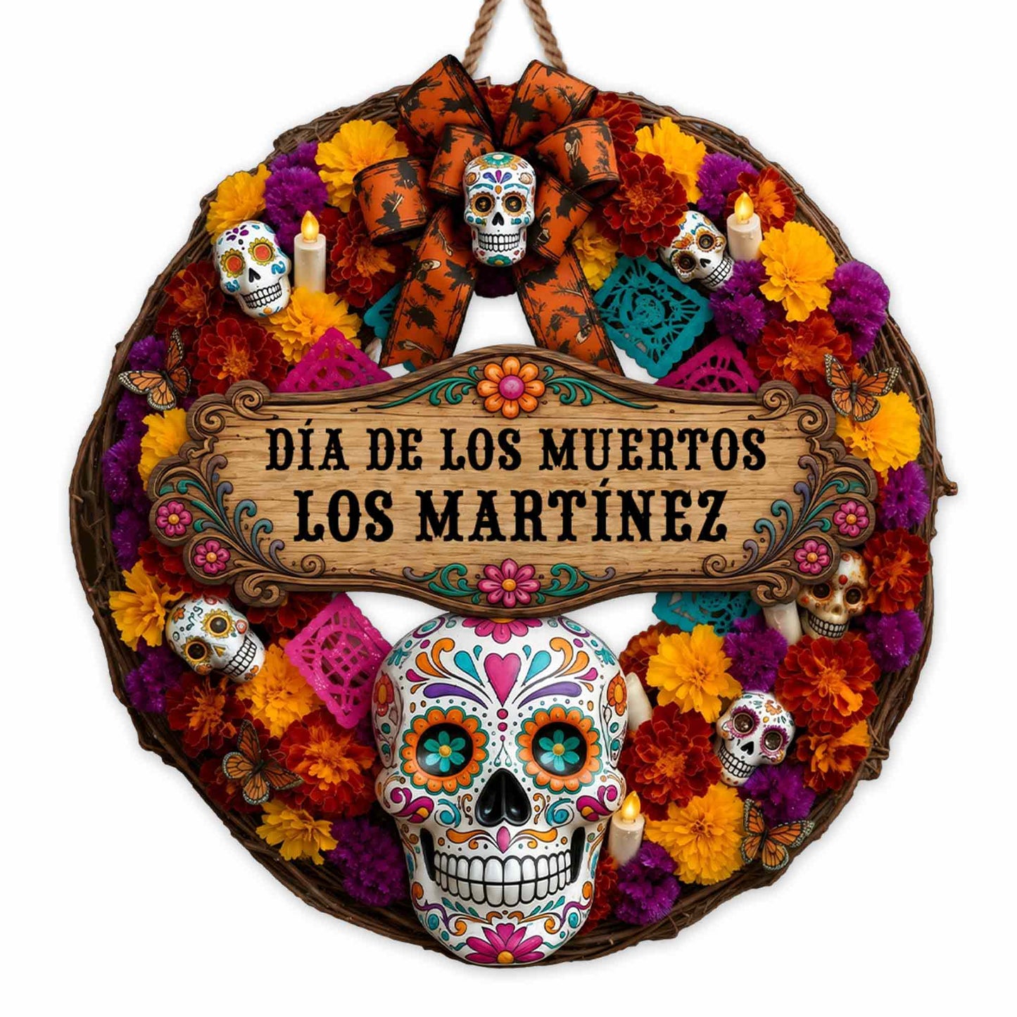 Día De Los Muertos Custom Family Name Sugar Skull And Marigold Flower - Personalized Custom Shaped Wood Sign - FAM1184_WSIGN