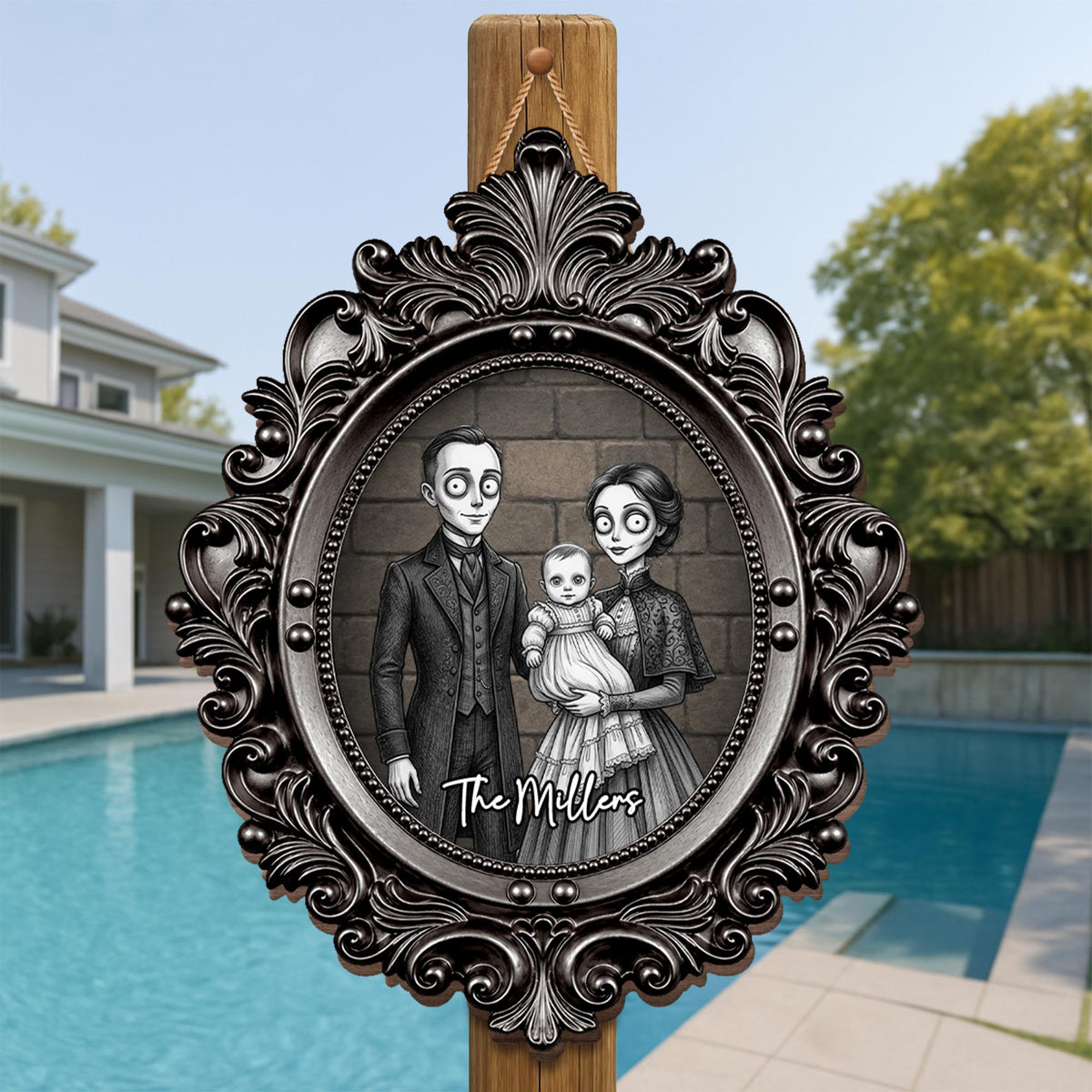 Our Family Gothic Spooky Portrait With Victorian Gold Frame - Personalized Custom Shaped Wood Sign - FAM1215_WSIGN