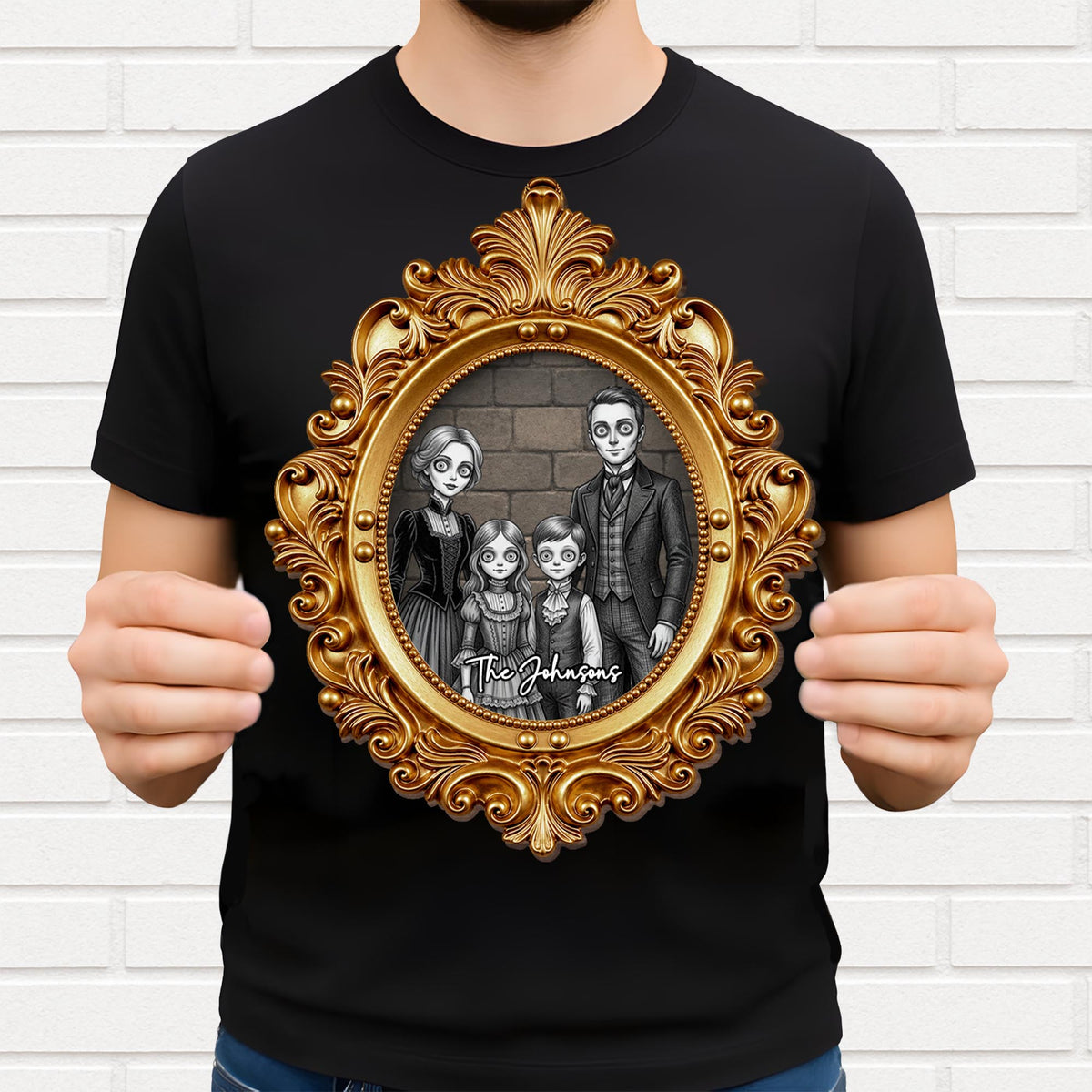 Our Family Gothic Spooky Portrait With Victorian Gold Frame - Personalized Custom Shaped Wood Sign - FAM1215_WSIGN