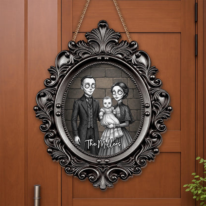 Our Family Gothic Spooky Portrait With Victorian Gold Frame - Personalized Custom Shaped Wood Sign - FAM1215_WSIGN