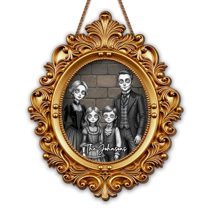 Our Family Gothic Spooky Portrait With Victorian Gold Frame - Personalized Custom Shaped Wood Sign - FAM1215_WSIGN