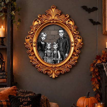 Our Family Gothic Spooky Portrait With Victorian Gold Frame - Personalized Custom Shaped Wood Sign - FAM1215_WSIGN
