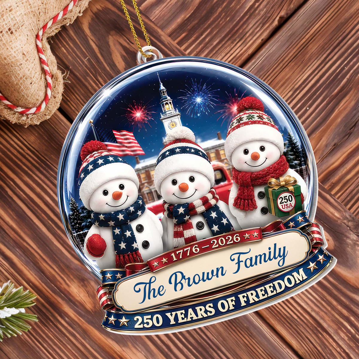 Our Family 250 Years Of Freedom Snowmen Patriotic Christmas Decor - Personalized Custom Acrylic Ornament, Christmas Gift - FAM1243_ACO