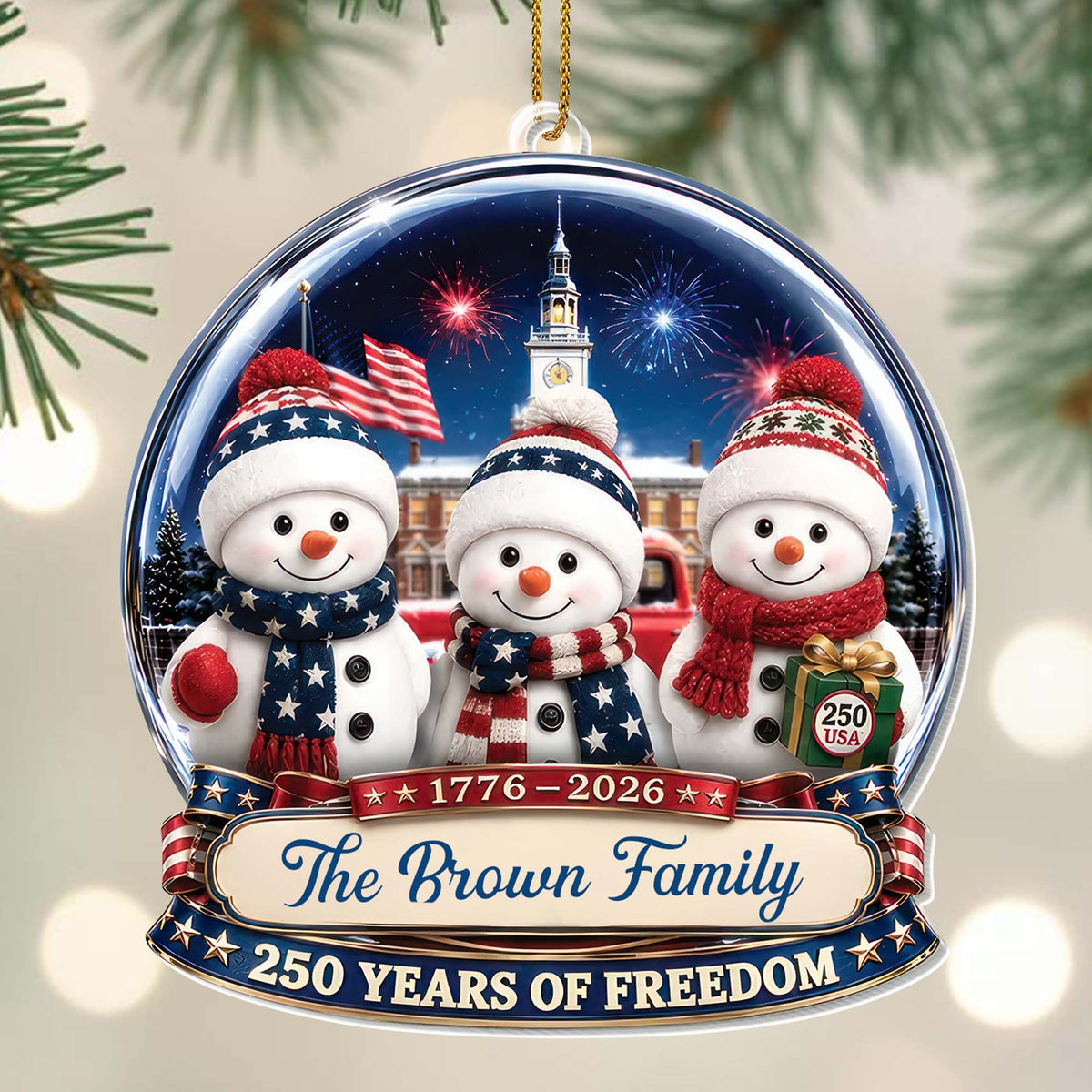 Our Family 250 Years Of Freedom Snowmen Patriotic Christmas Decor - Personalized Custom Acrylic Ornament, Christmas Gift - FAM1243_ACO