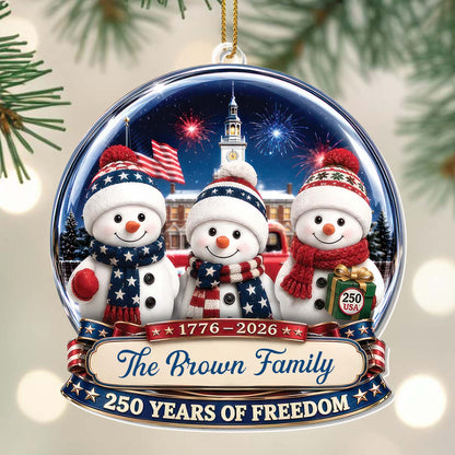 Our Family 250 Years Of Freedom Snowmen Patriotic Christmas Decor - Personalized Custom Acrylic Ornament, Christmas Gift - FAM1243_ACO