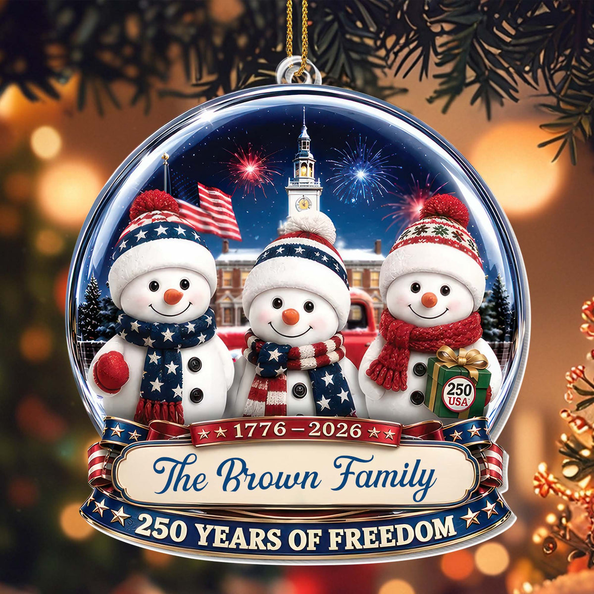 Our Family 250 Years Of Freedom Snowmen Patriotic Christmas Decor - Personalized Custom Acrylic Ornament, Christmas Gift - FAM1243_ACO
