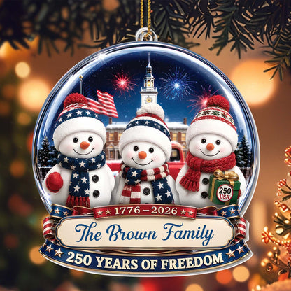 Our Family 250 Years Of Freedom Snowmen Patriotic Christmas Decor - Personalized Custom Acrylic Ornament, Christmas Gift - FAM1243_ACO