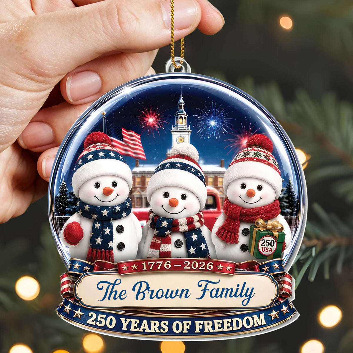 Our Family 250 Years Of Freedom Snowmen Patriotic Christmas Decor - Personalized Custom Acrylic Ornament, Christmas Gift - FAM1243_ACO