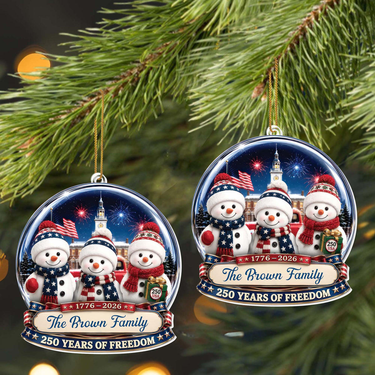Our Family 250 Years Of Freedom Snowmen Patriotic Christmas Decor - Personalized Custom Acrylic Ornament, Christmas Gift - FAM1243_ACO