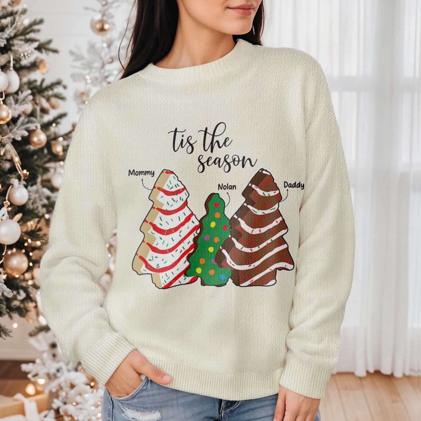 Tis The Season Family Christmas Trees - Personalized Custom Ugly Sweatshirt, Unisex Wool Jumper  - FAM125_TWS