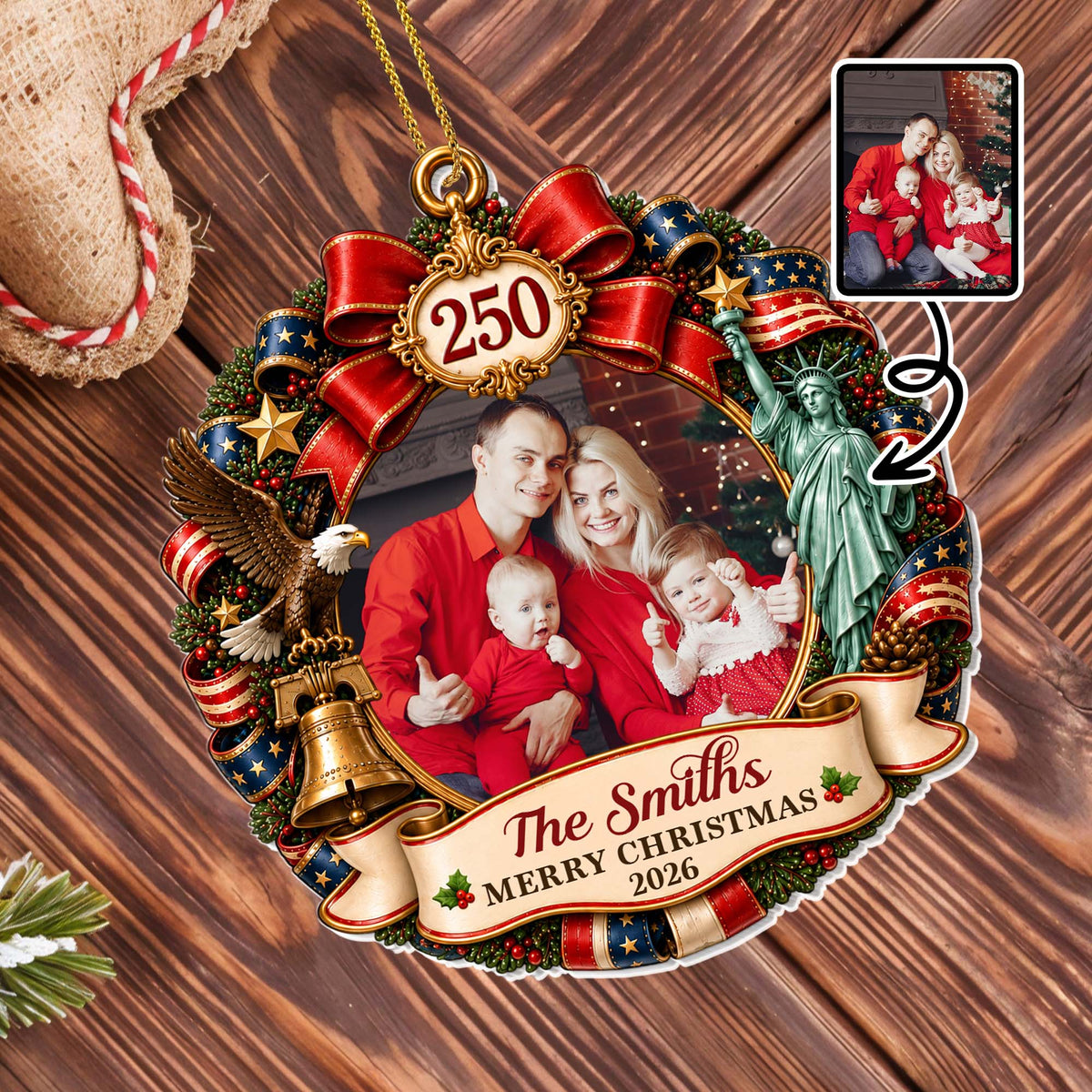 Merry Christmas Patriotic Wreath With Statue Of Liberty And Eagle - Personalized Custom Acrylic Ornament, Christmas Gift - FAM1266_ACO
